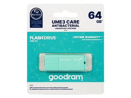 USB flash disk GOODRAM UME3 CARE 64 GB, USB 3.0, antibakteriální, zelená