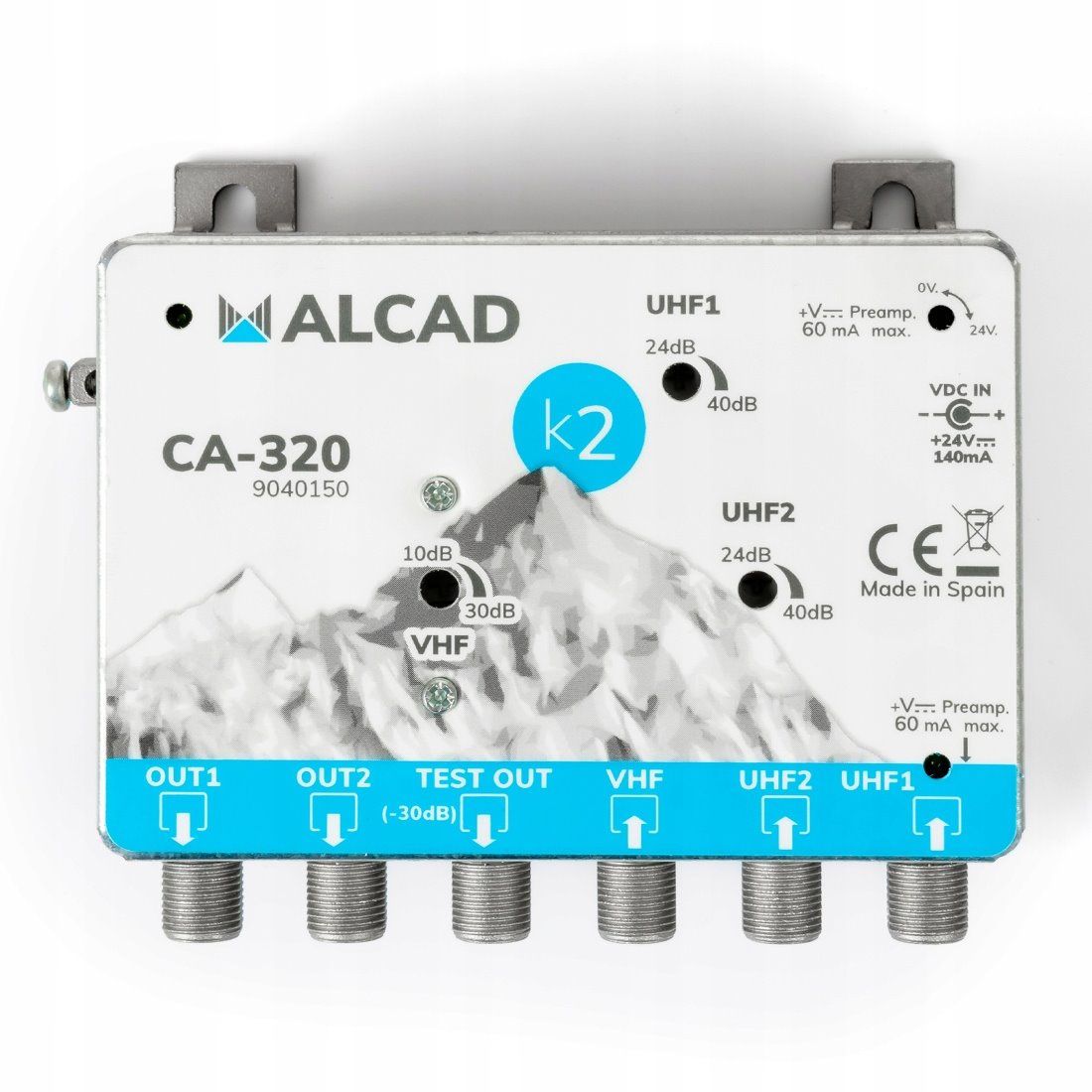 Alcad CA-320 zesilovač domovní 40 dB, 117 dBµV, 3 x vstup, 2x výstup, napájení předzesilovače