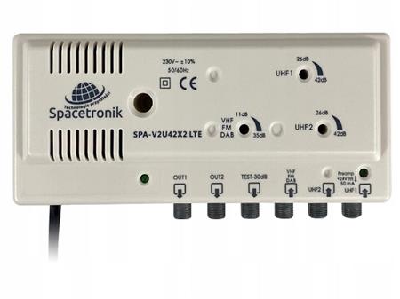 Anténní domovní zesilovač Spacetronik V2U42X2, 42dB, 3x vstup, 2x výstup, LTE regulace zesílení, ZAMAC stínění