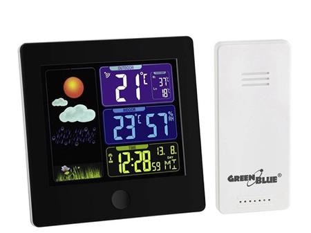 Bezdrátová meteostanice GreenBlue GB521, barevný LCD, externí bezdrátové čidlo, černá