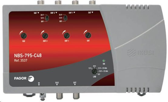 Domovní zesilovač Fagor NBS-704-C48, 3 vstupy - VHF + 2× UHF, zisk 35 dB