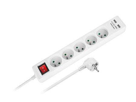 Prodlužovací kabel REBEL 5 zásuvek 230V/10A, 2x USB/2.1A, 1,5m, s vypínačem,bilý