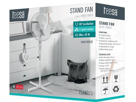 Stojanový ventilátor TSA8021, s časovačem, výška 105-125cm/průměr 43cm, 45W, bílý