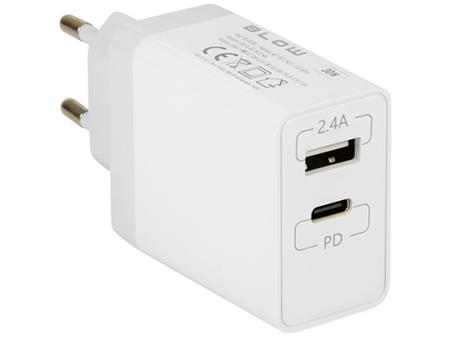 USB nabíječka BLOW Power Delivery 3.0, 1x USB/2.4A, 1x USB-C/3A, 30W