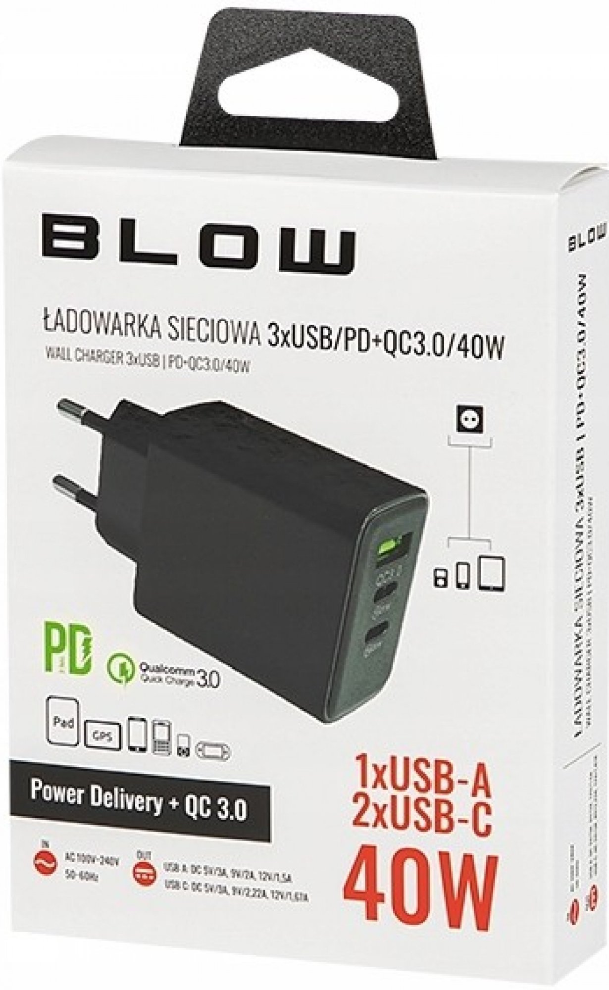 USB nabíječka BLOW Quick Charge 3.0, USB A a 2x USB typu C, 40W